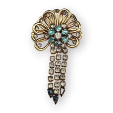 Art Deco Flower Brooch Pendant Blue Rhinestone Tassel Gold Filled M&S Vtg FLAW