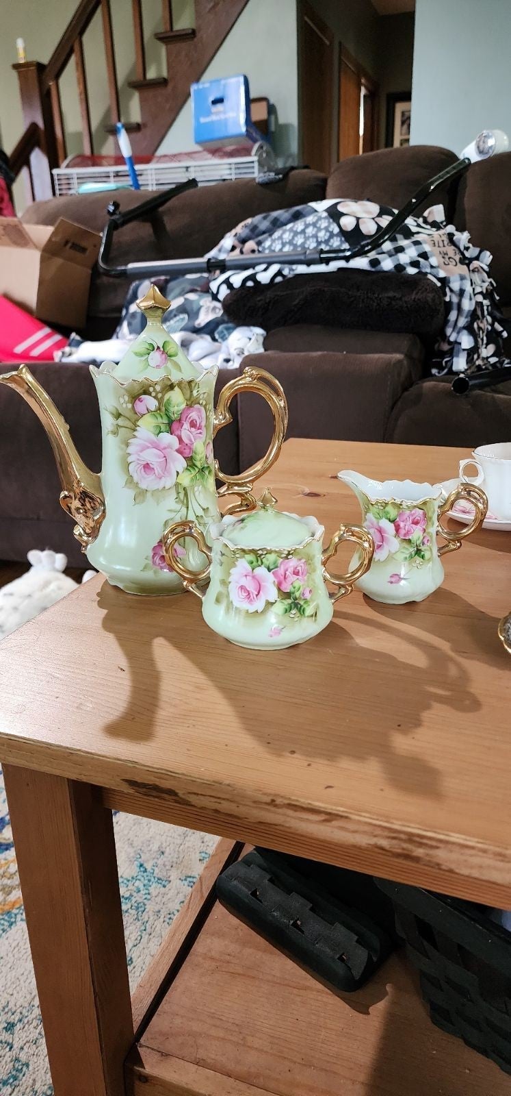 3 piece full tea set with sugar container, tea pitcher, and creamer lefton VTG