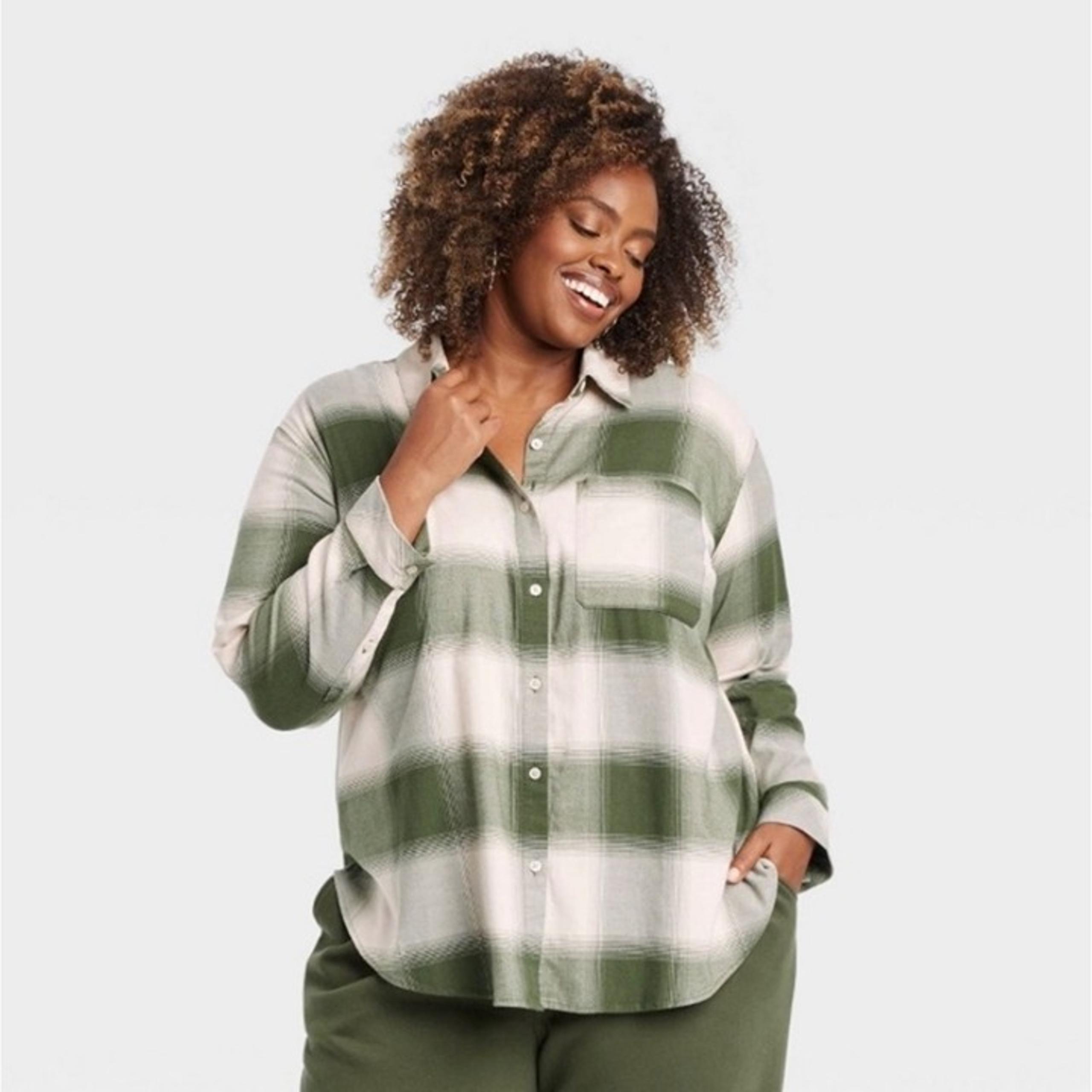 Ava & Viv women's Long Sleeve Flannel Button Down Shirt Green size 1X NWT