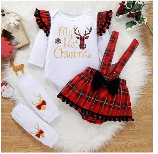 Baby Girl Reindeer My First Christmas 4 Piece Plaid Outfit!