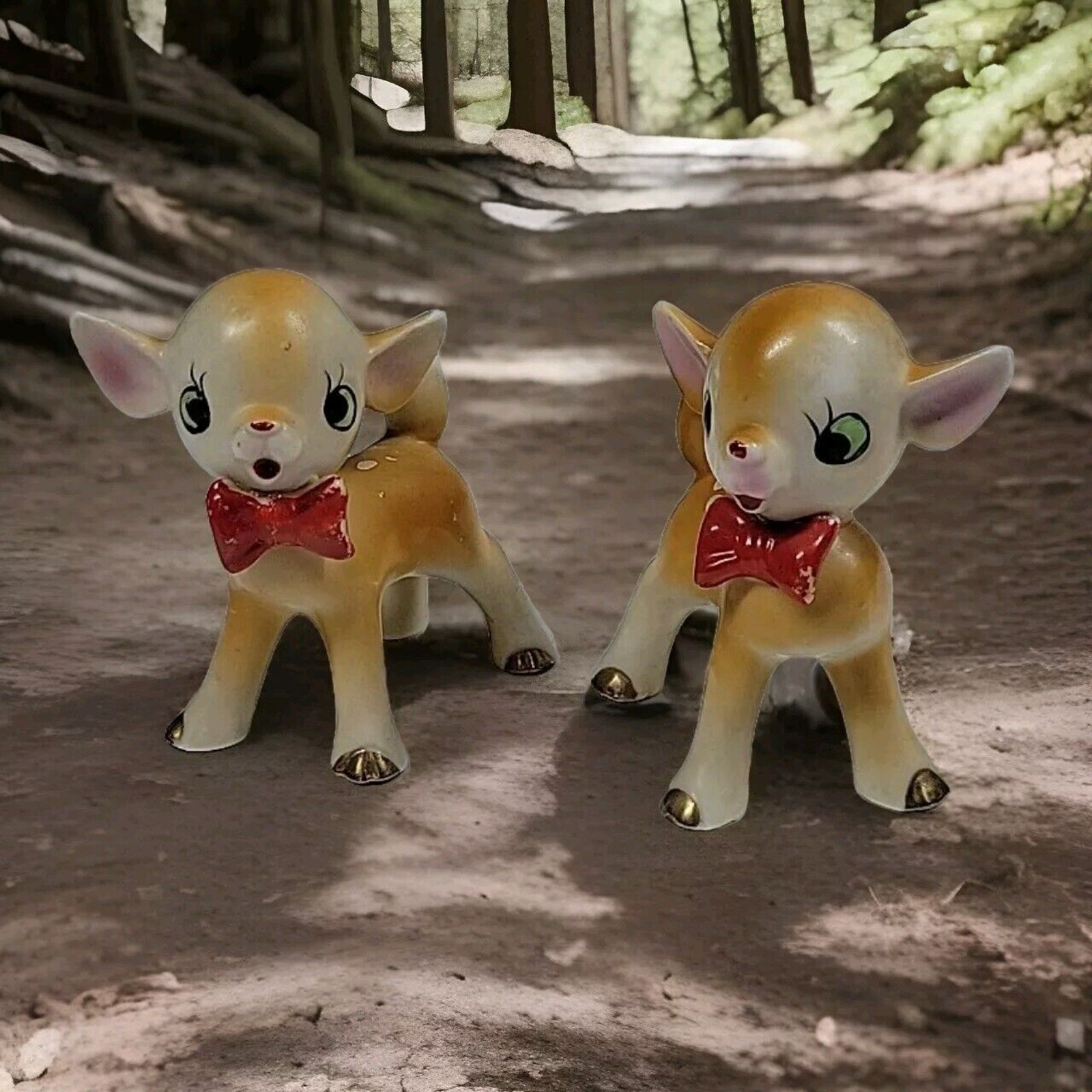 Kitsch Kawaii Deer Figurines With Bow Tie 1960s Japan Anthropomorphic Lot Of 2