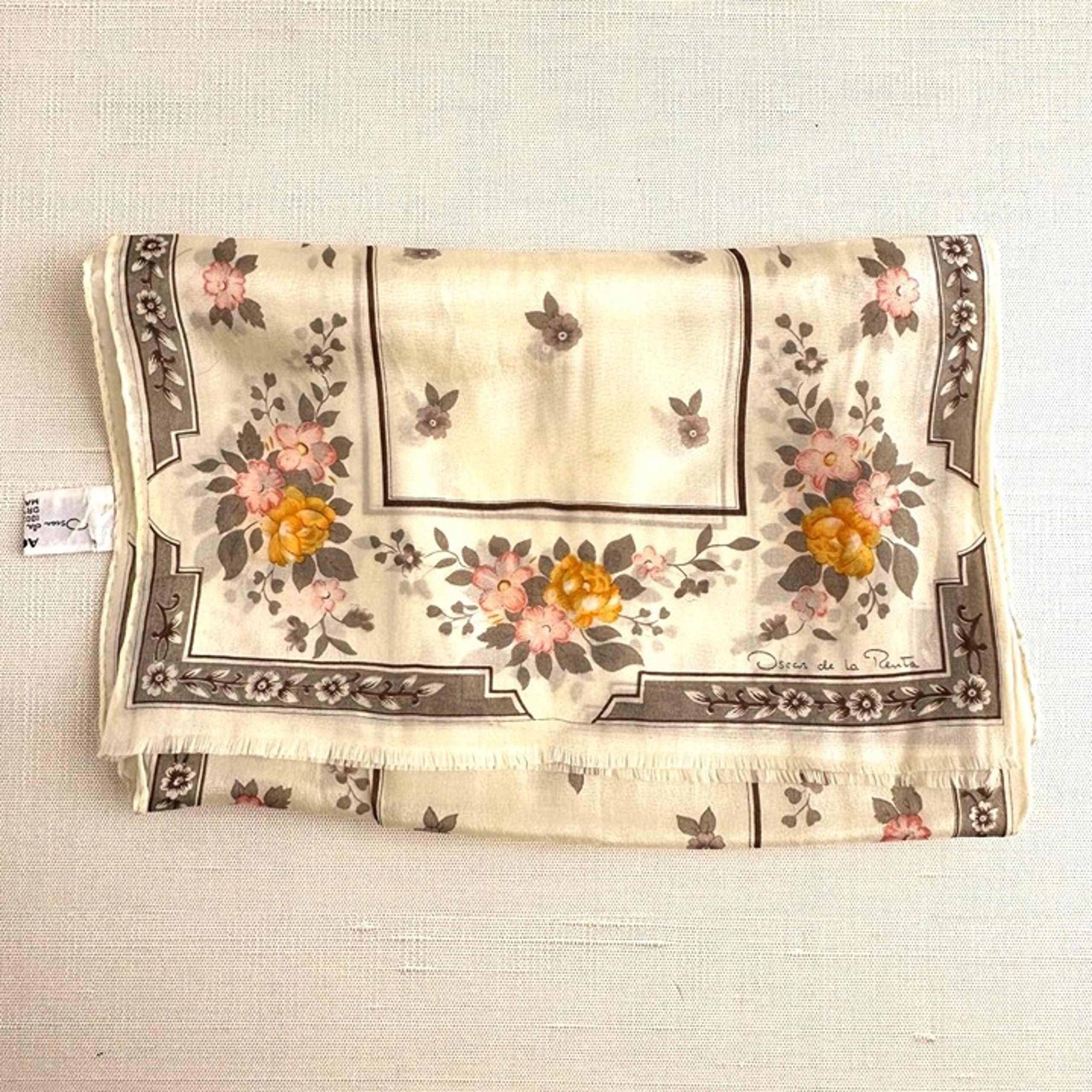 Vintage 50x10 Ivory Floral Oblong Scarf Yellow Pink Brown NWOT