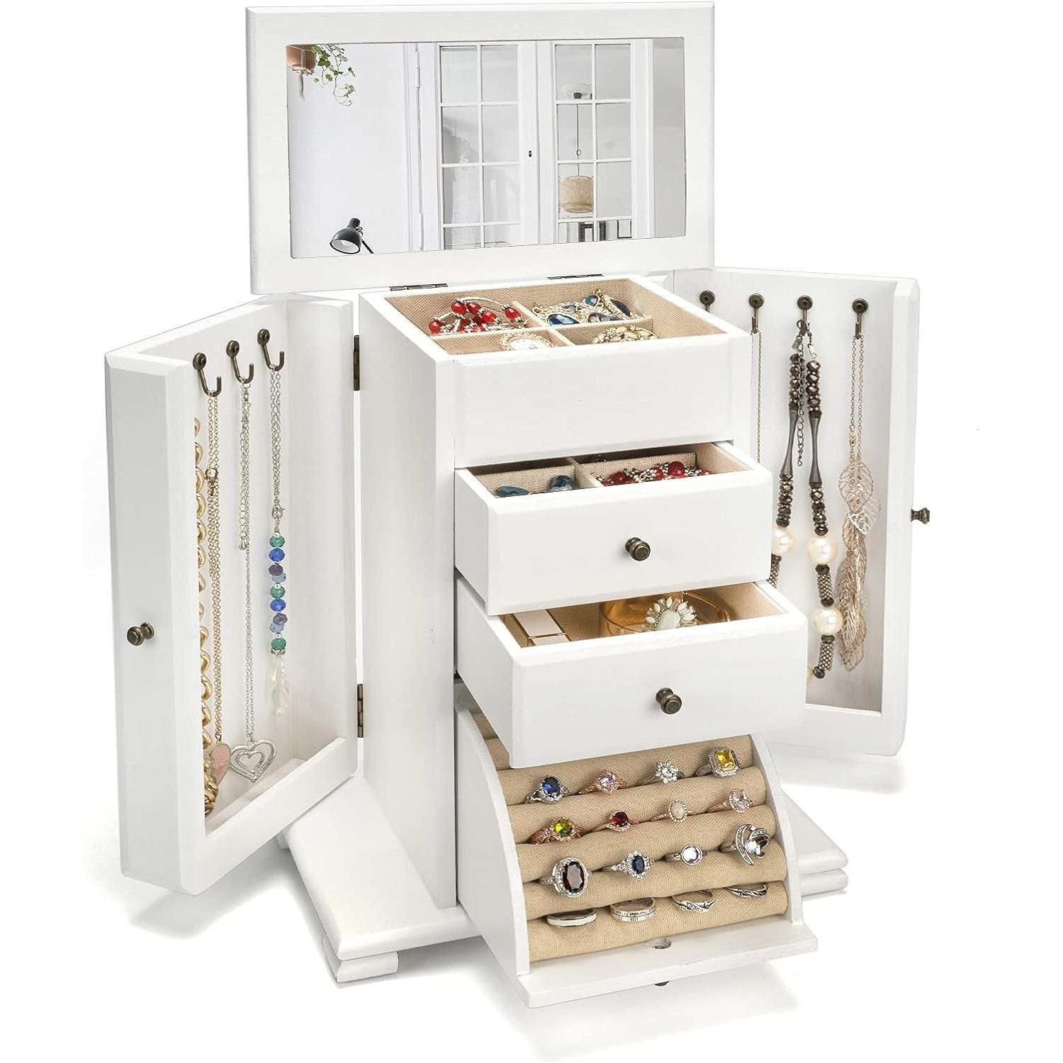 Emfogo Rustic Wooden Jewelry Boxes & Organizers with Mirror (Weathered White)
