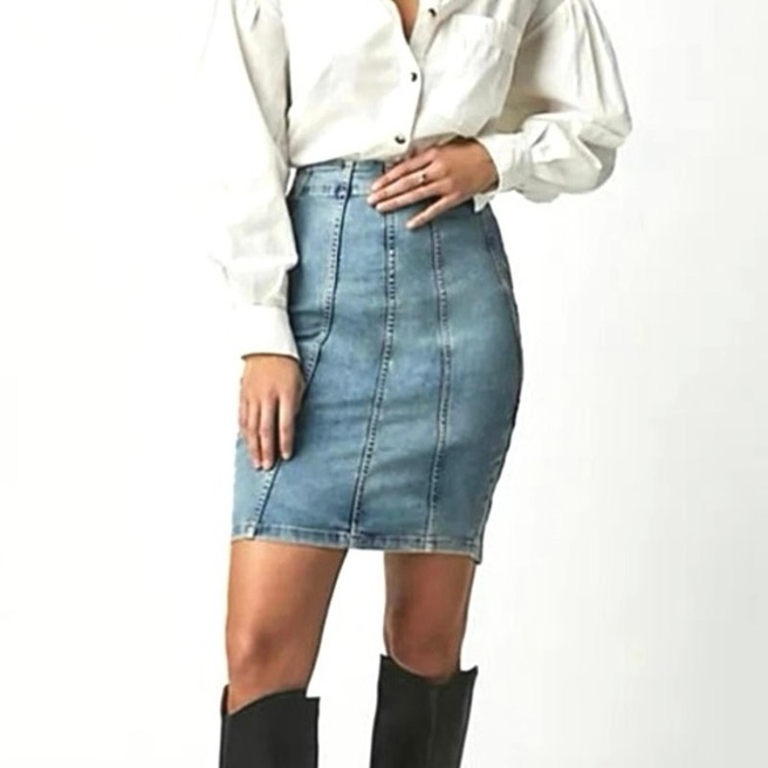 WE THE FREE / FREE PEOPLE Dom Denim Jean Skirt Womens SZ 8 Midi Stretch Pencil