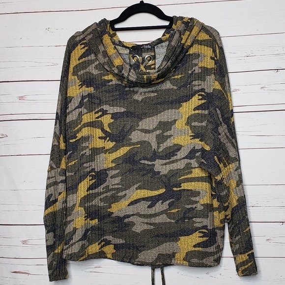 Ariella Camouflage Cowl Neck Hooded Top