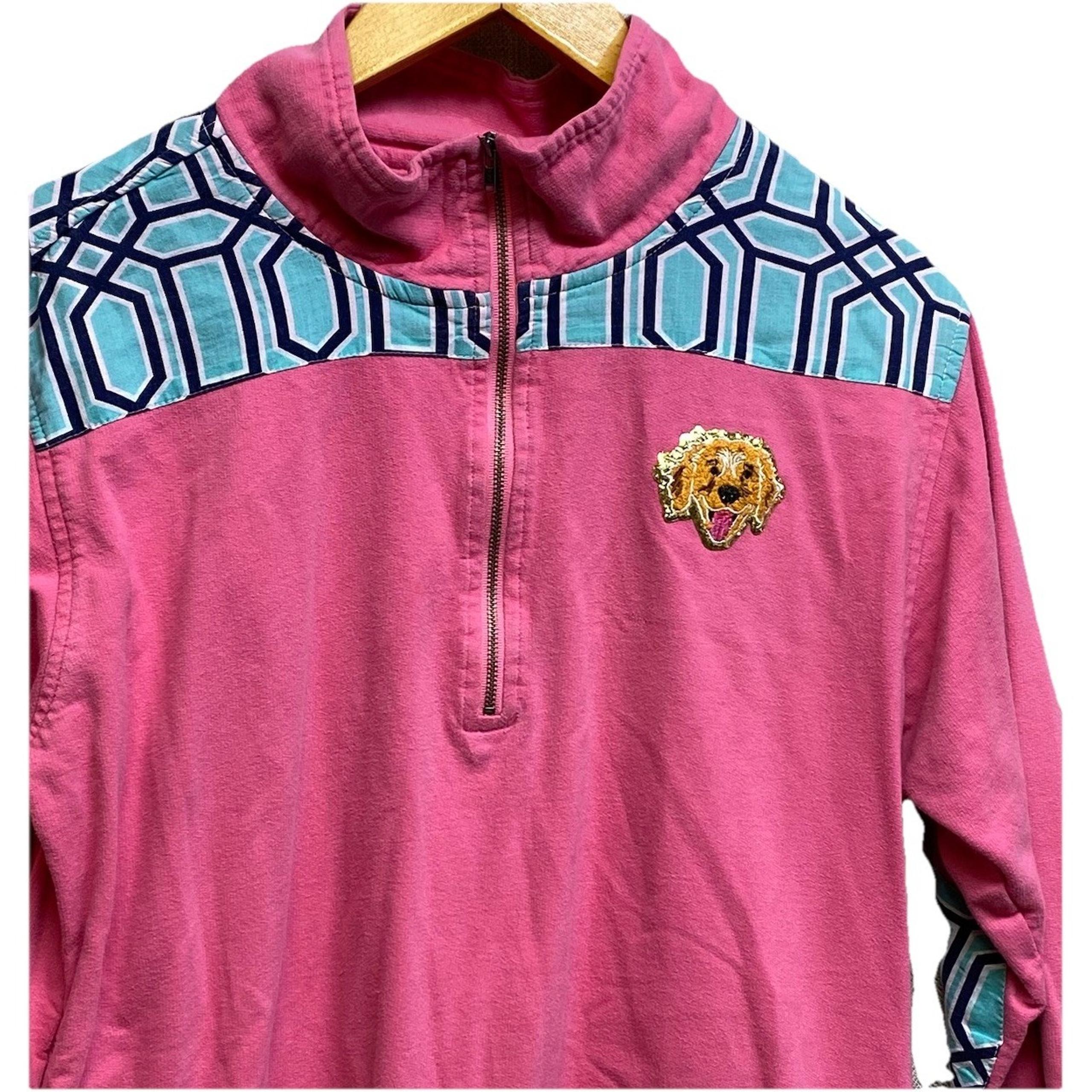 Simply Southern 1/2 Zip Pullover Sweatshirt Womens Small Pink Blue Elbow Patch