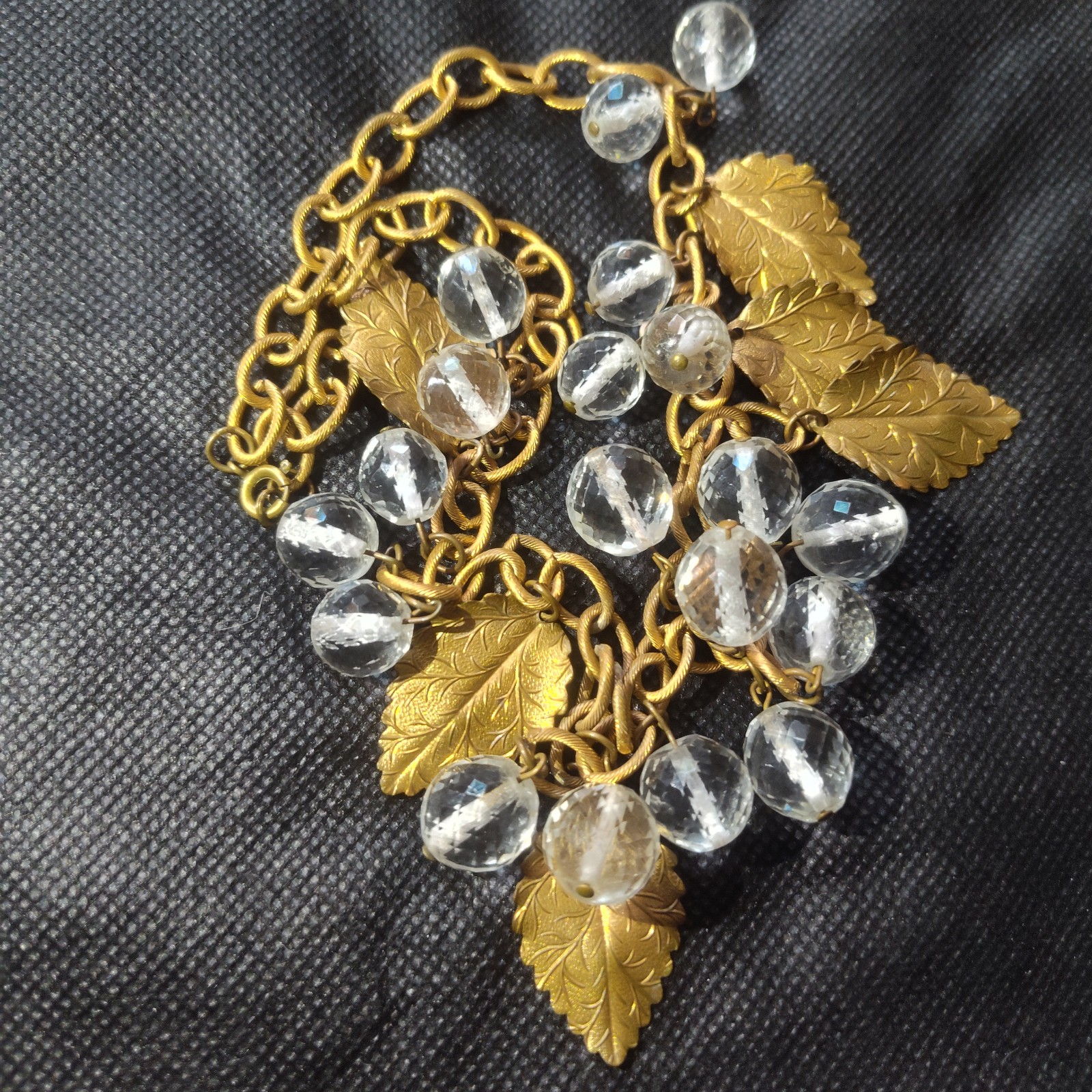 Vintage Crystal and Brass leaf collar bib necklace