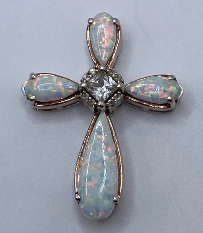 JANE SEYMOUR JWBR STERLING SILVER 14 K GOLD AND OPALS WHITE TOPAZ CROSS PENDANT