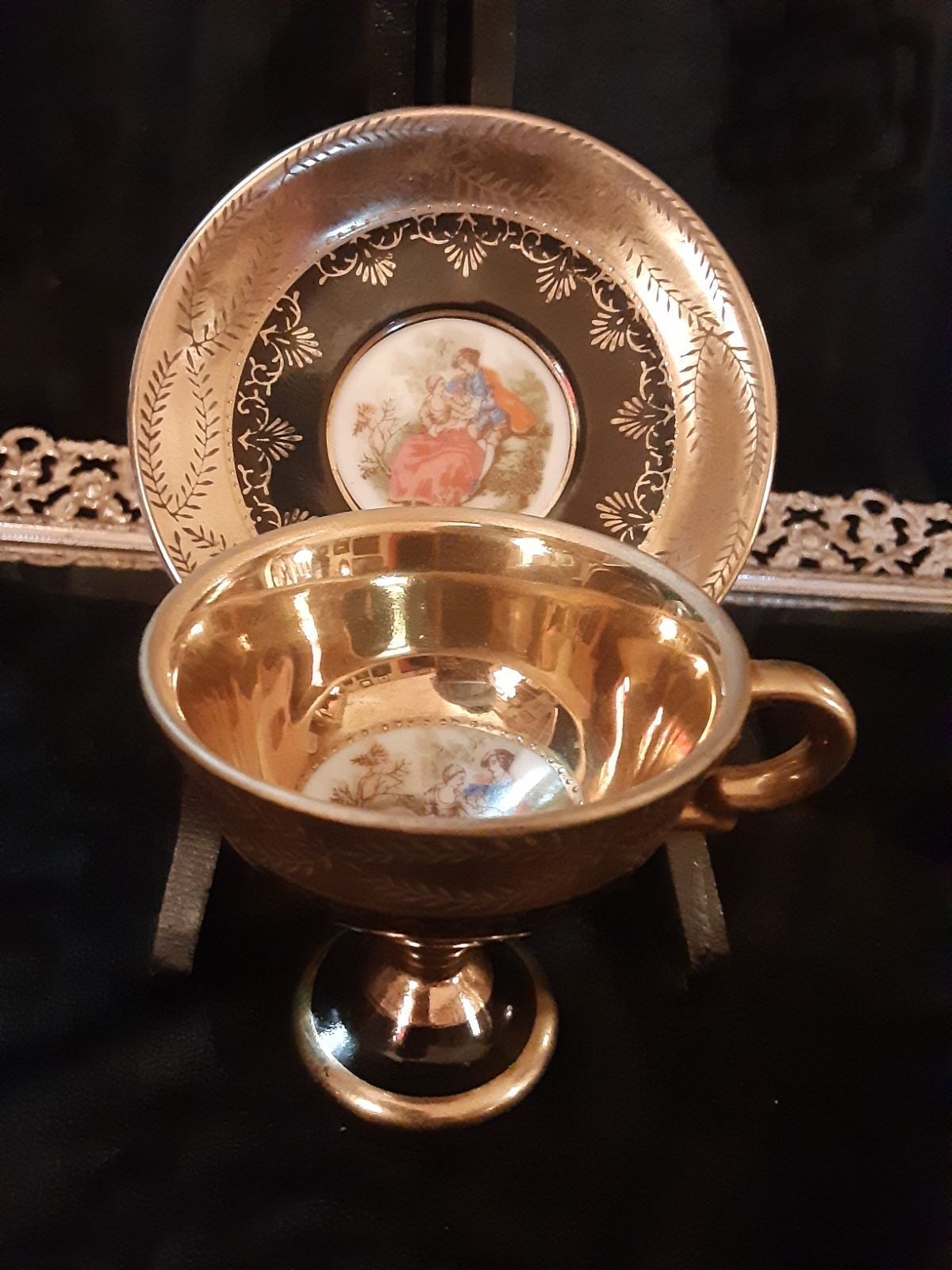 ROYAL VIENNA Handpainted Porcelain Footed Demitasse Set