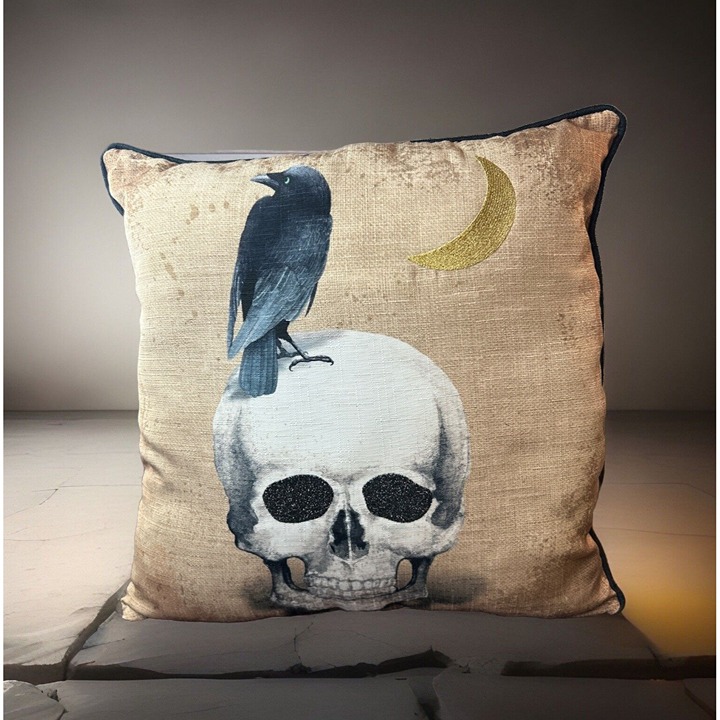 Halloween Black Tan Throw Pillow White Skull Scary Glitter Eyes Crow Gold Moon