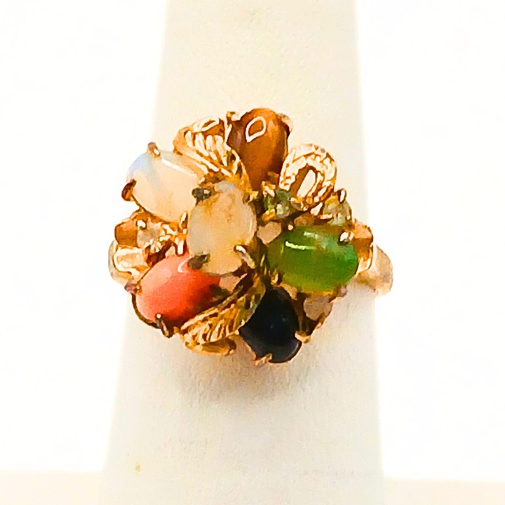 VTG Gold Plated Jade Ring 6.5 Cabochon Leaf Coral Opalite Onyx Cluster Cocktail