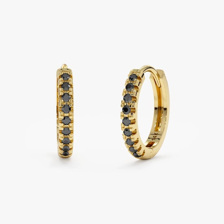 14k Black Diamond Huggies, Solid Gold Mini Hoops