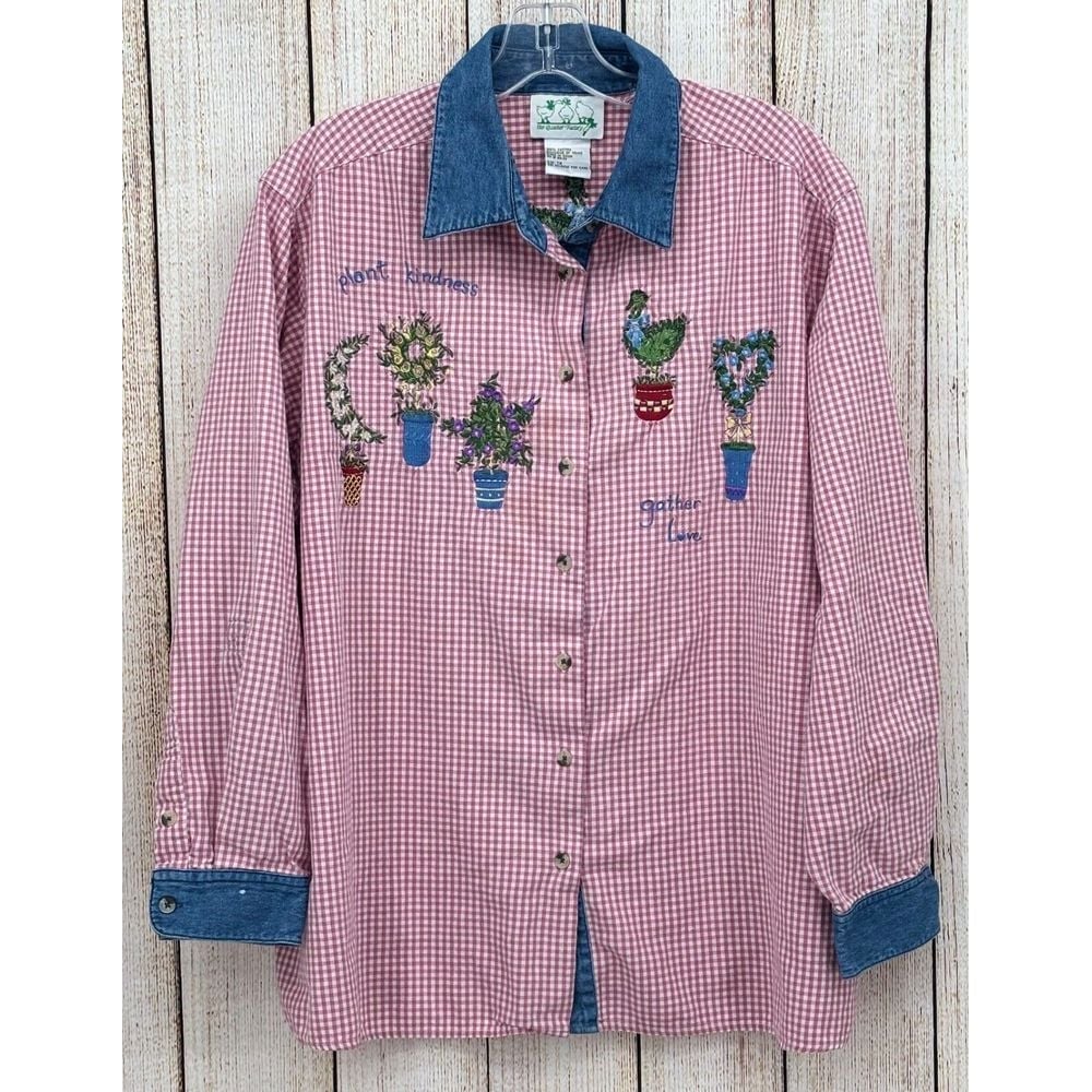 Quaker Factory Long Sleeve Shirt Size 1X Cotton Gingham Gardening Embroidered