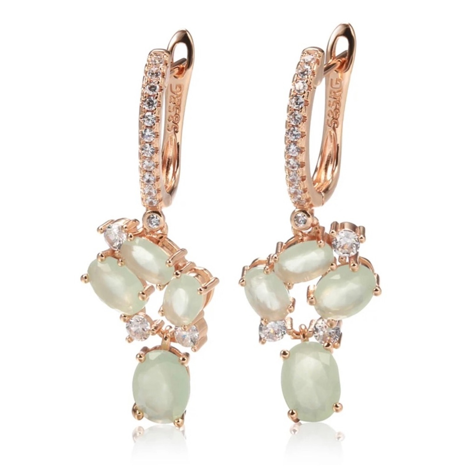 Exquisite light sage green cubic zirconia rose gold dangle earrings NIB