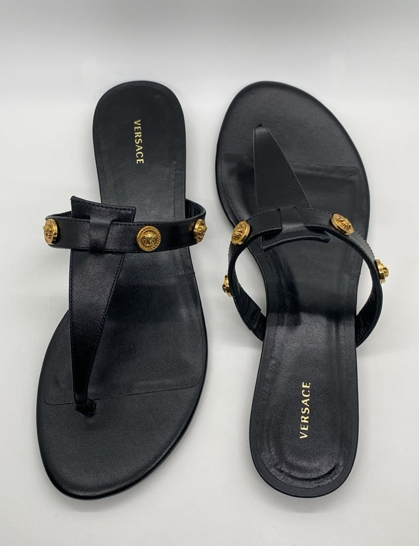 VERSACE EMBLEM LOGO GOLD STUD SANDALS NEW