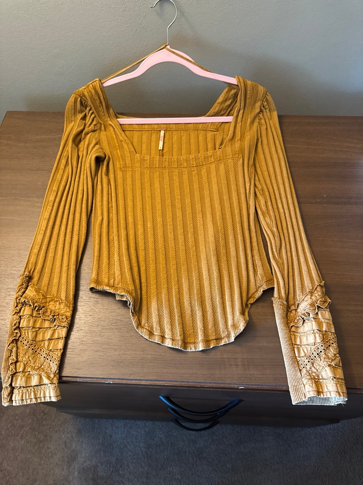 Free People Golden Mustard Ribbed Long Sleeve Top with Lace Cuff Detail – Size S