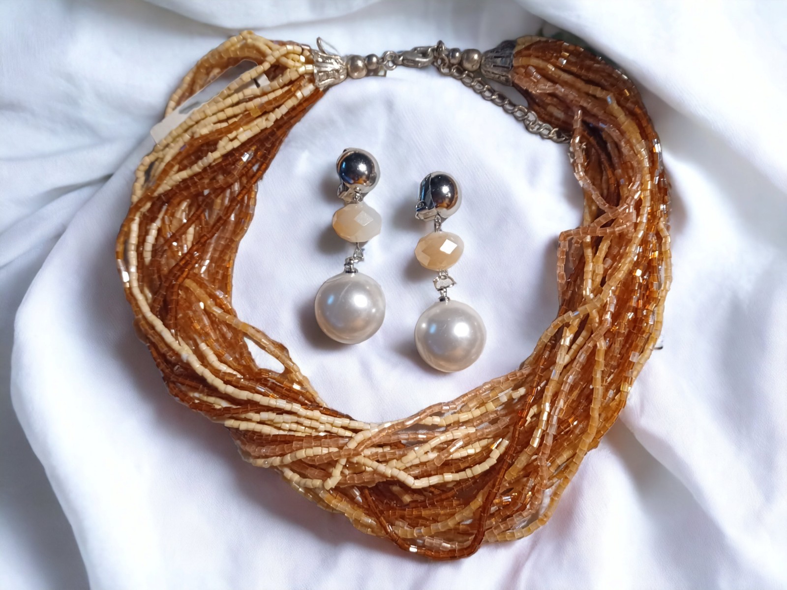 Multi strand necklace and clip on earrings set