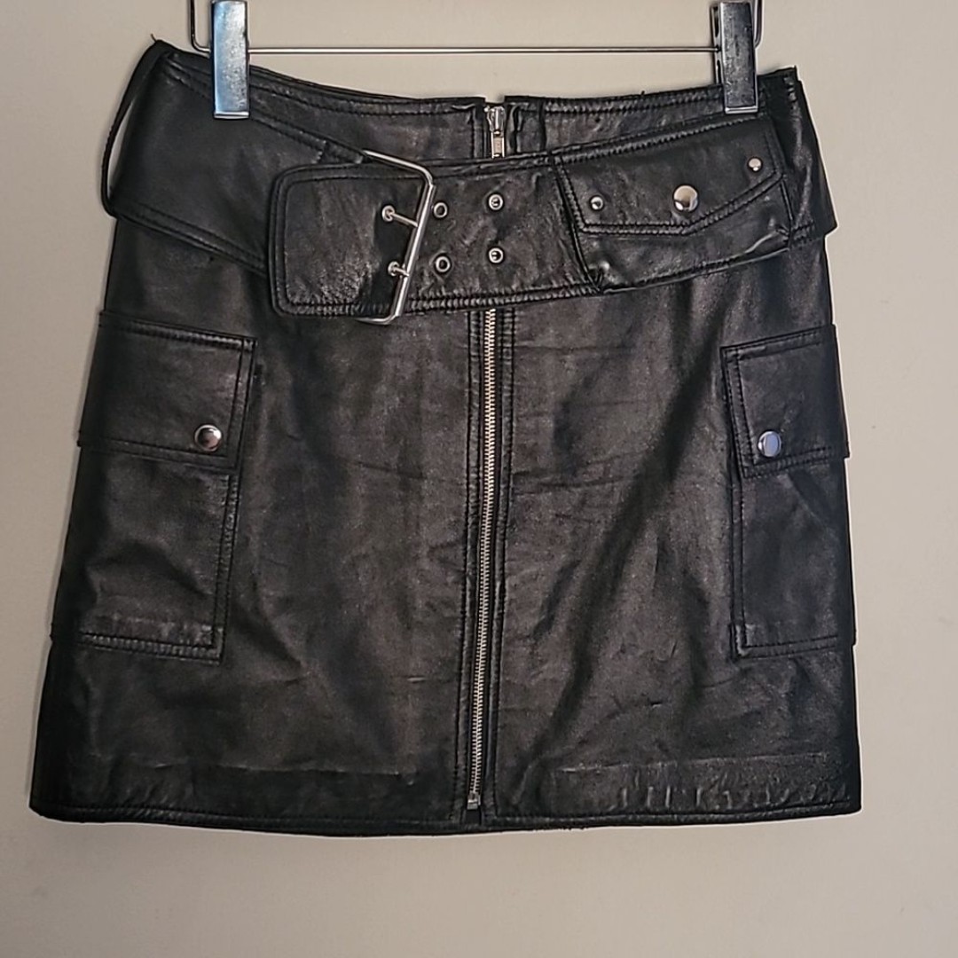 INC Black Leather Cargo Mini Skirt Sz 2 Tactical Tech Wear
