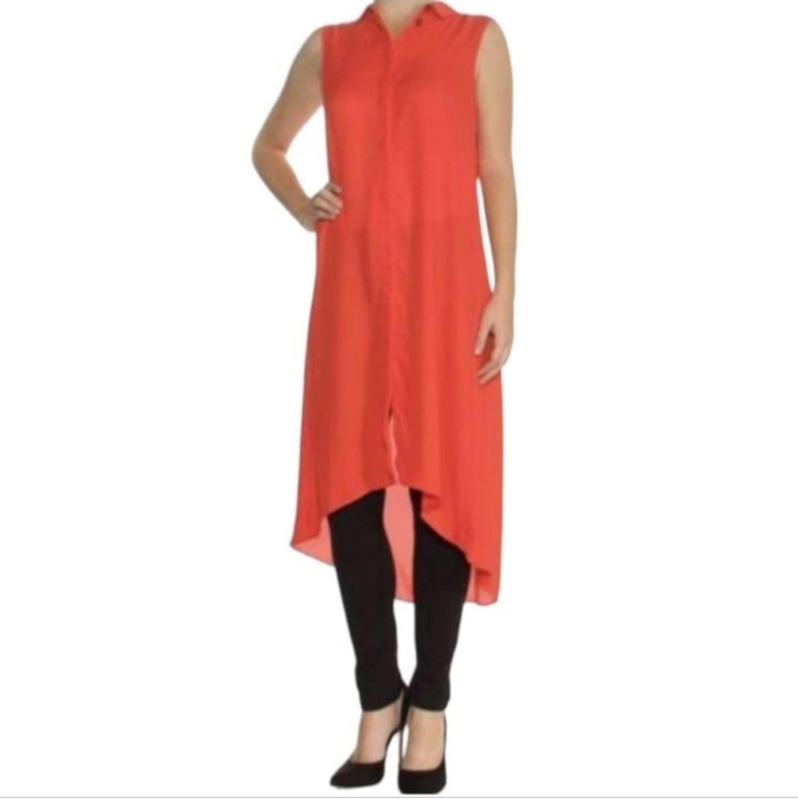 Vince Camuto High Low Sheer Red Orange Tunic Top Size L