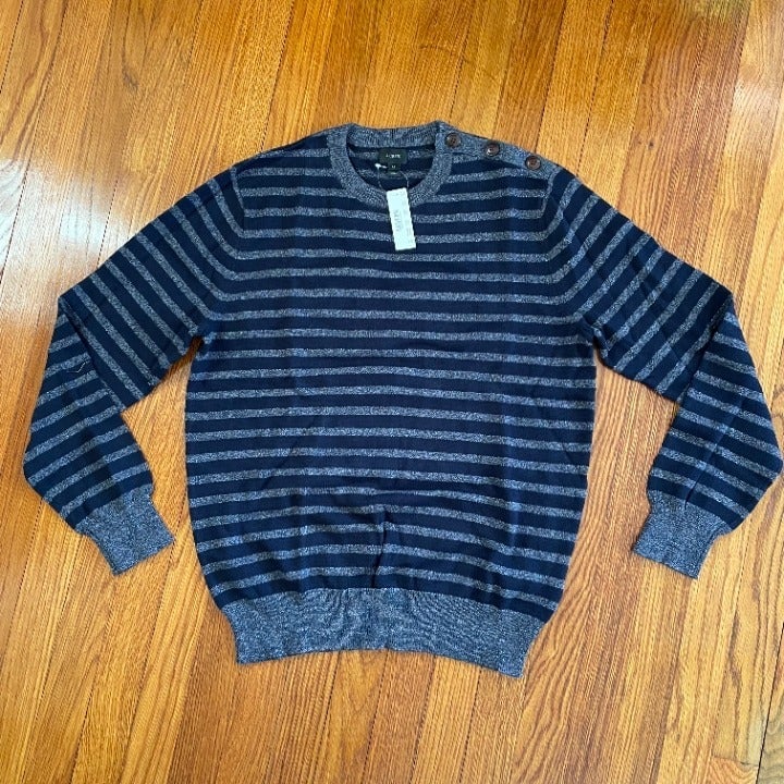 J.Crew Mens Size MED Navy Striped Button-Shoulder Crew Neck Sweater Pullover NWT