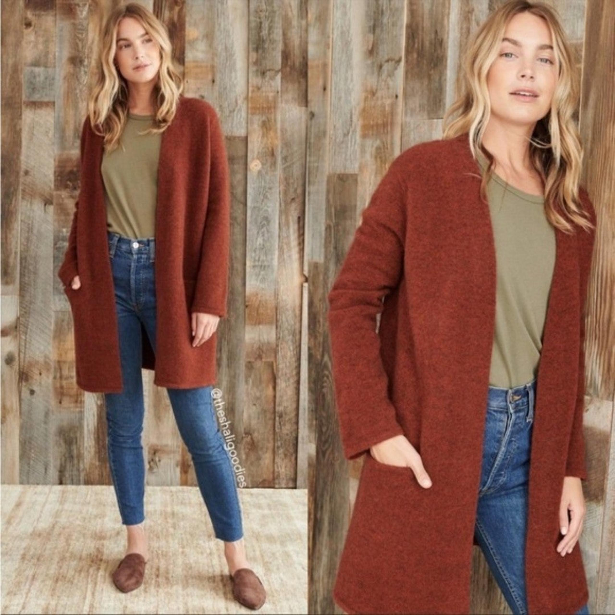 Jenni Kayne Brown Burnt Rust Orange Wool Yak Open Oversized Cardigan w Pockets