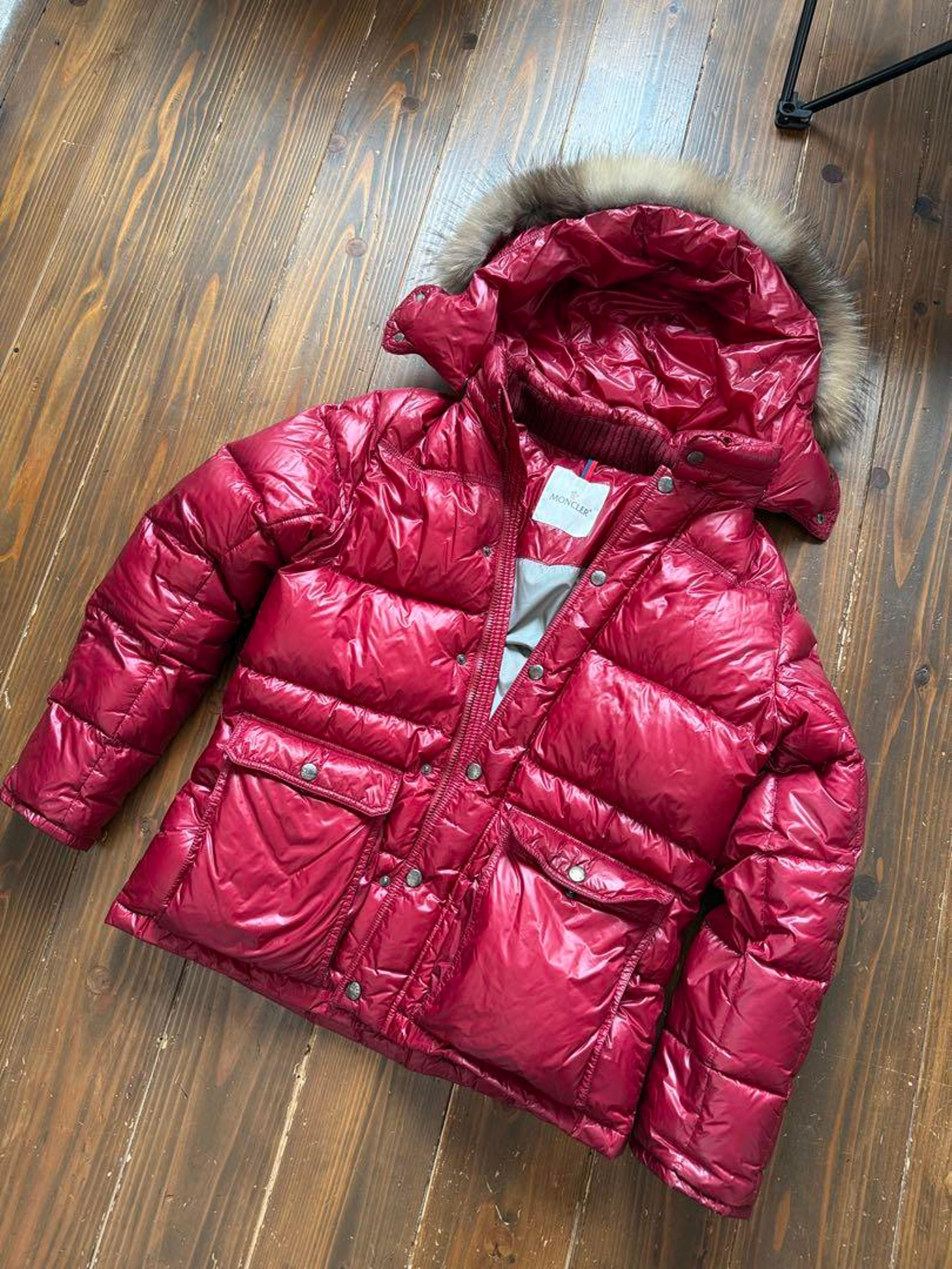 Moncler Red Down Jacket with Fur Trim