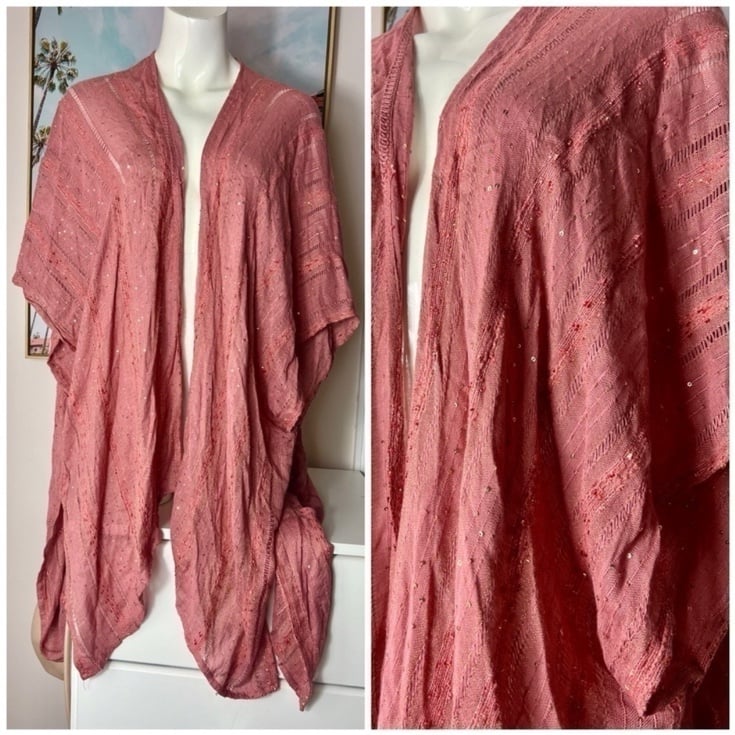 Free People Mauve Rose Pink Sequins Detail Lightweight Knit Long Kimono One Size
