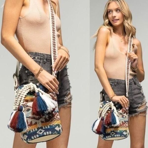 Bucket Shoulder Boho Bag Najavo Pattern Handwoven Cotton NWT