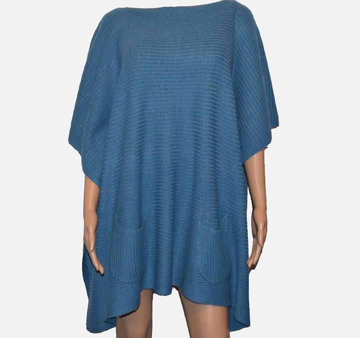 J. JILL Wool Blend Blue Boat Neck Short Sleeve Poncho Sweater One Size