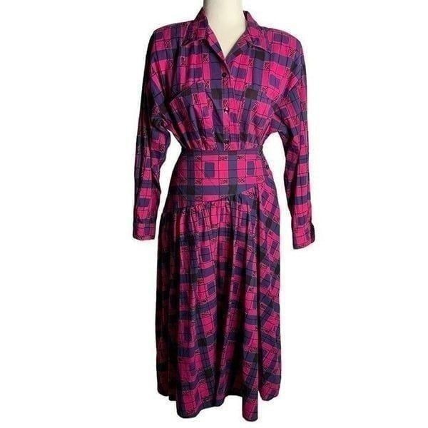 Vintage 80s Swing Skirt Button Up Top Set S Pink Geometric Midi Pockets