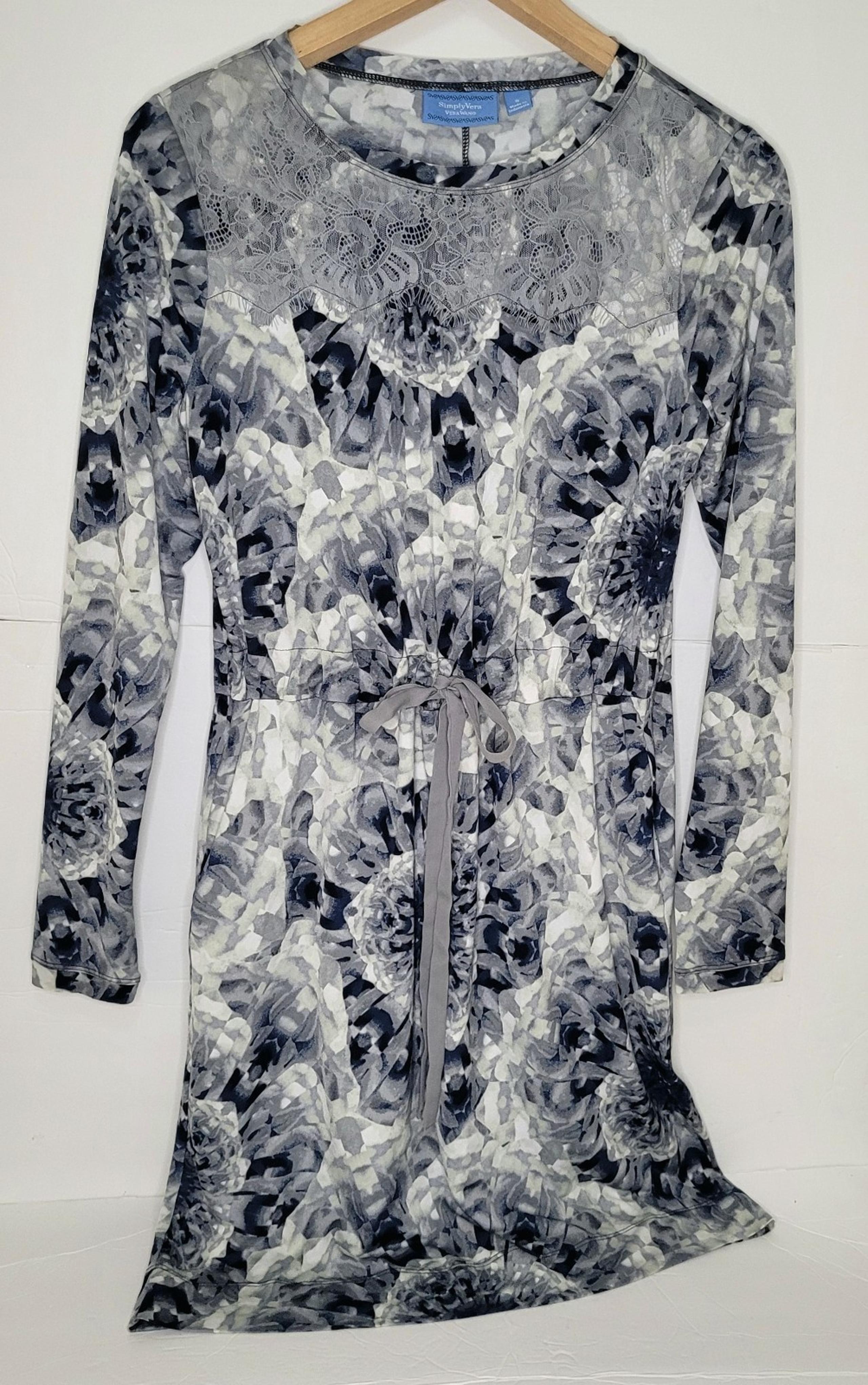 Simply Vera Wang Drawstring Midi Dress Lace Grey Floral Geometric Print Small