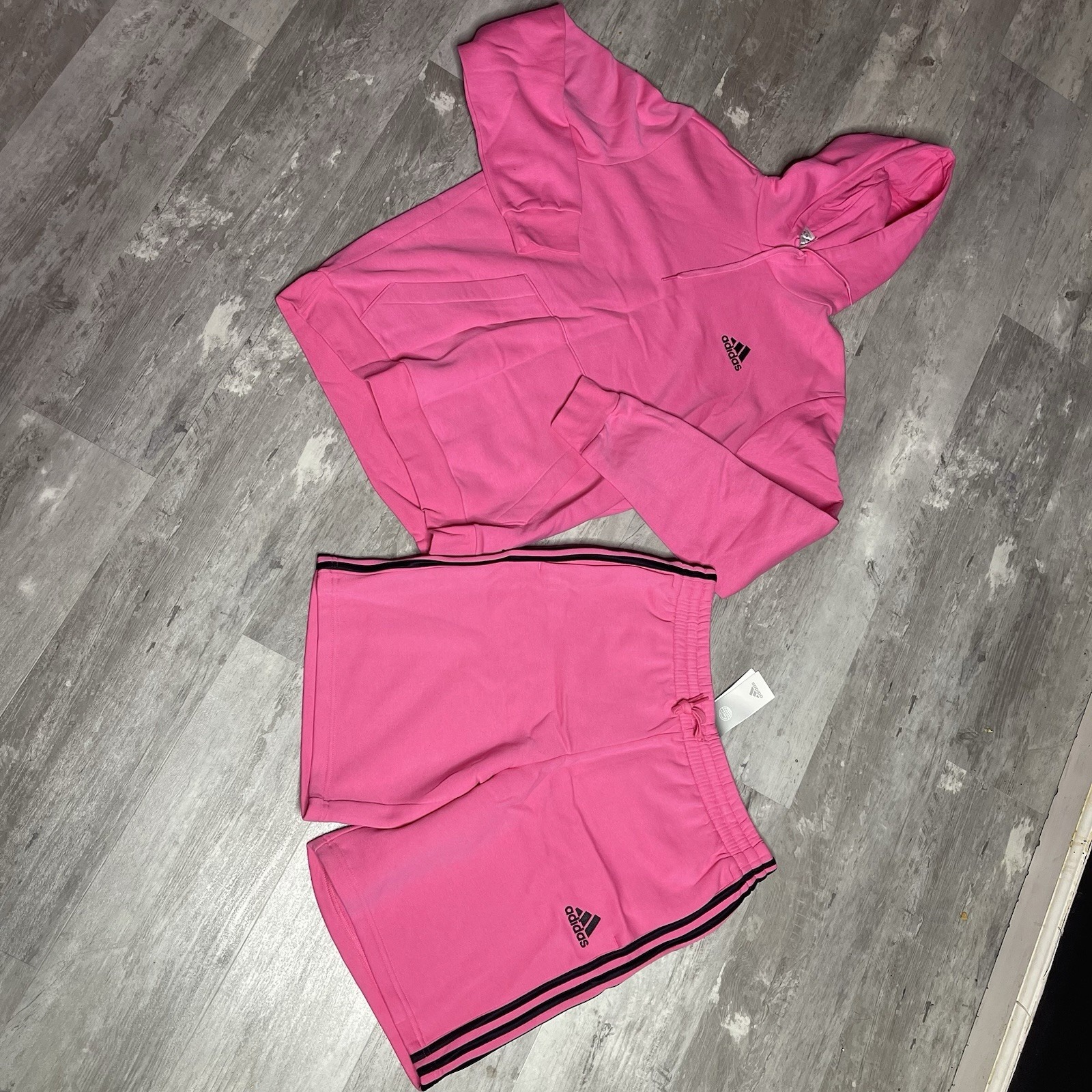 Mens Adidas Fleece Pink/black Hoodie & Sweat Shorts Top Size M Bottom Size L