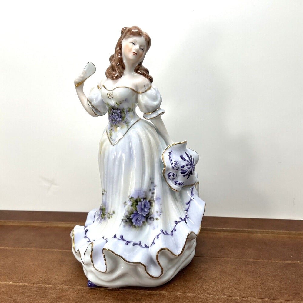 Vintage 11 Tall Porcelain Victorian Purple Hand Painted Lady Dress Music Box