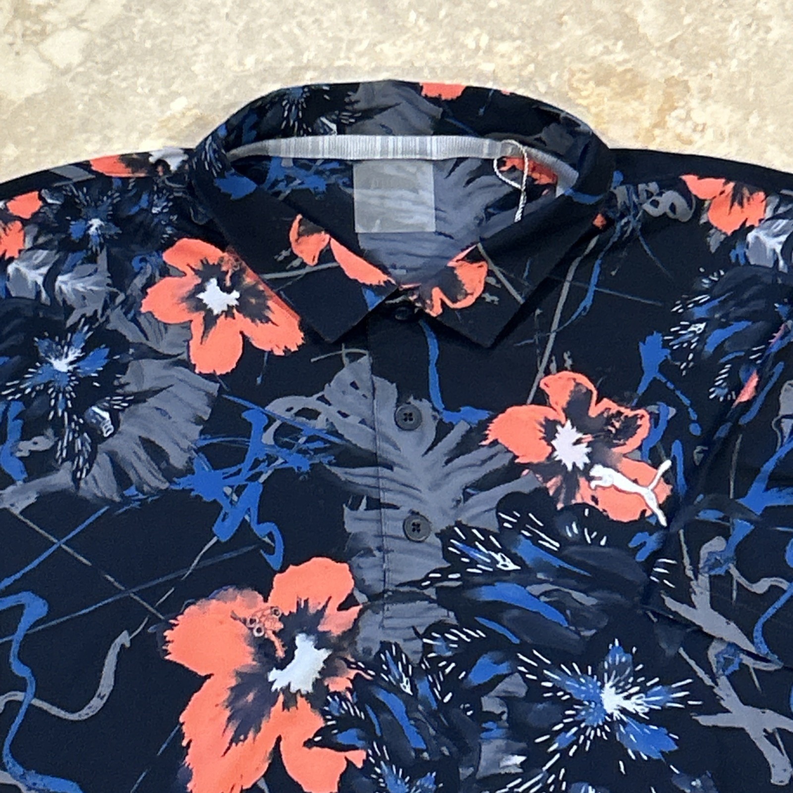 Puma Nassau Polo Mens M Navy Blue Floral Short Sleeve Shirt Special Edition