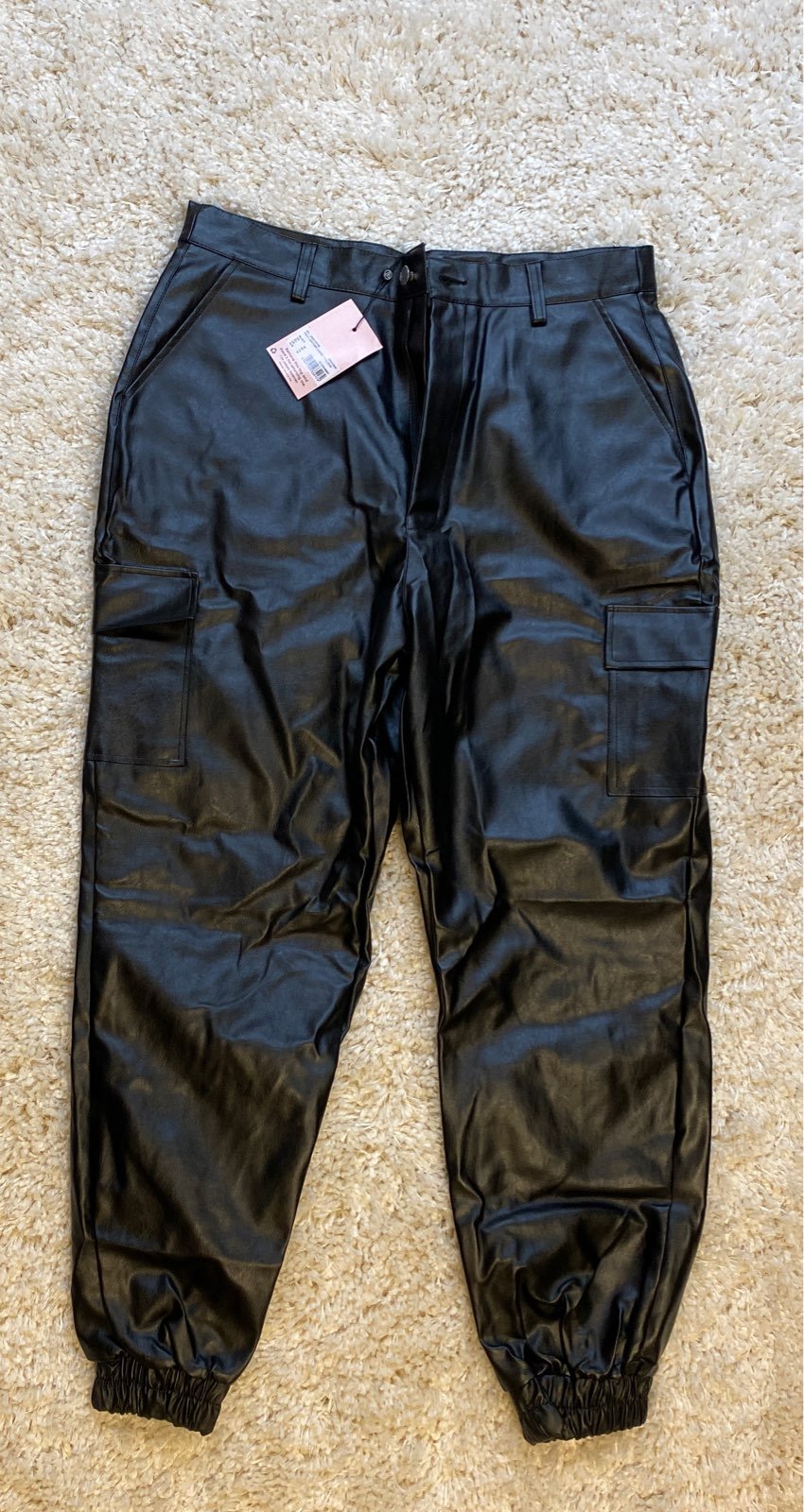 Black Faux Leather Cargo Trousers
