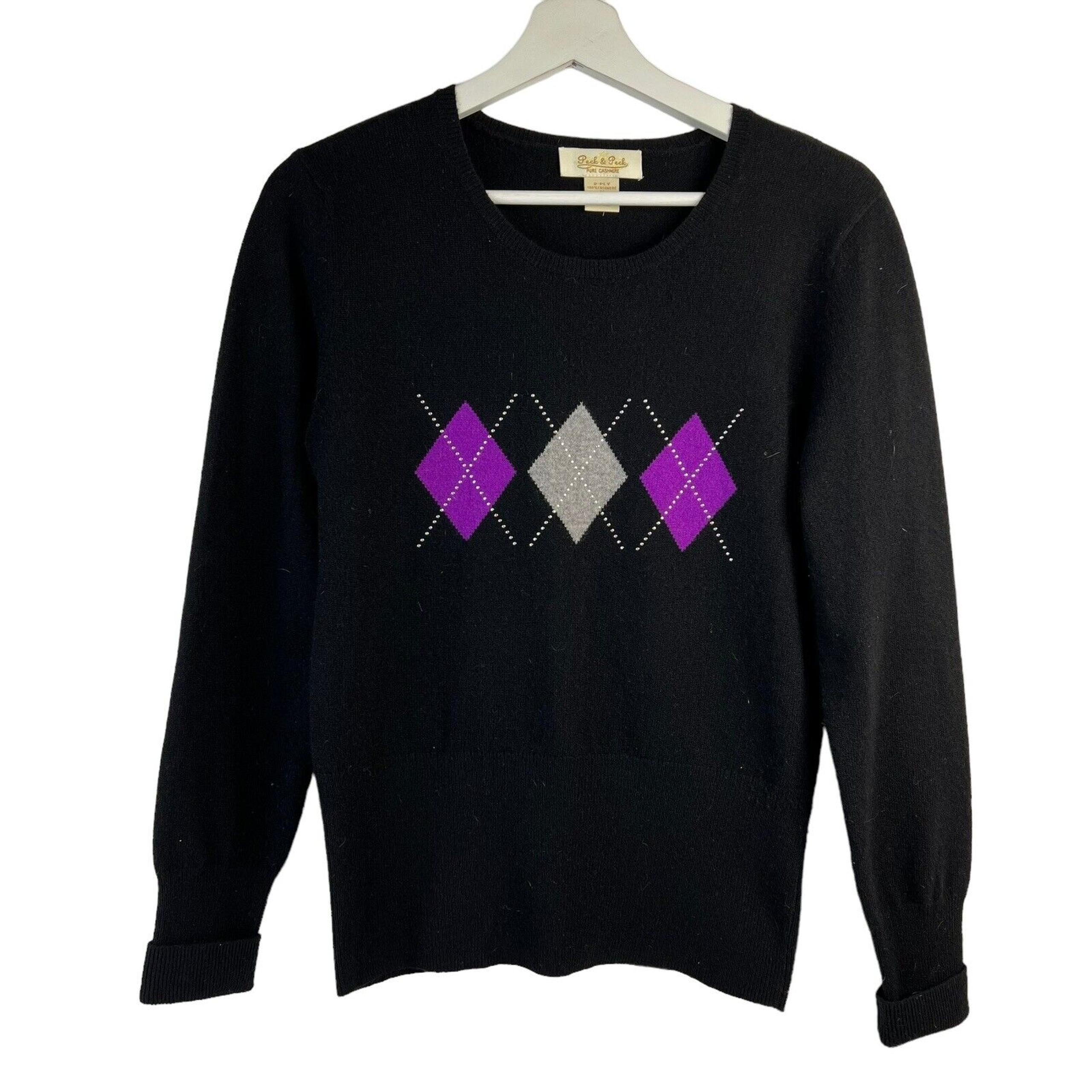 Peck & Peck Size M Sweater Pure Cashmere 2-Ply Argyle Black Scoop Neck Women's