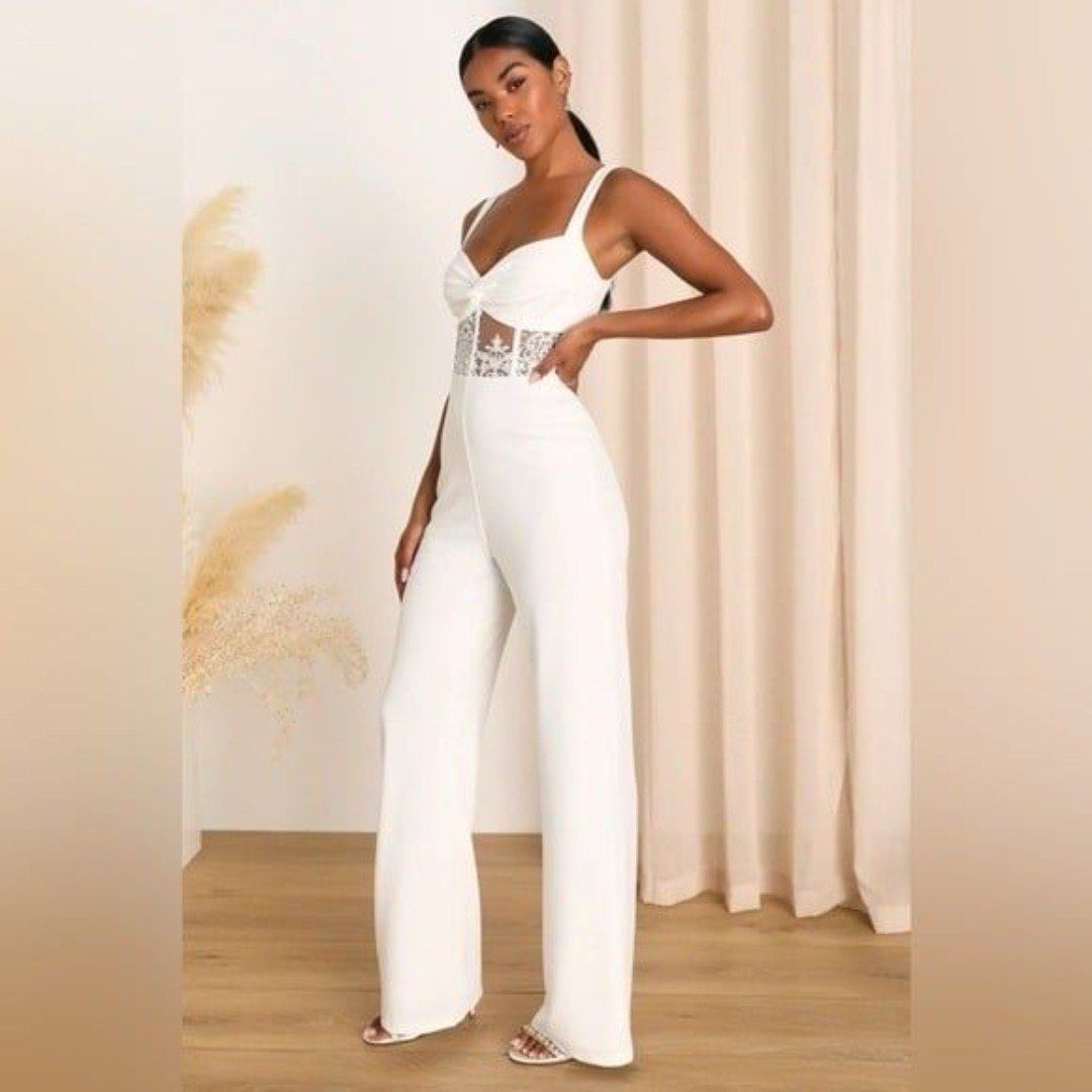 Lulus Adore the Feeling White Sheer Lace Bustier Twist-Front Jumpsuit Size Large