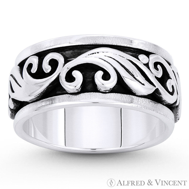 Swirl Pattern Wind Gust Charm ide Men's Band in .925 Sterling Silver - Size 12