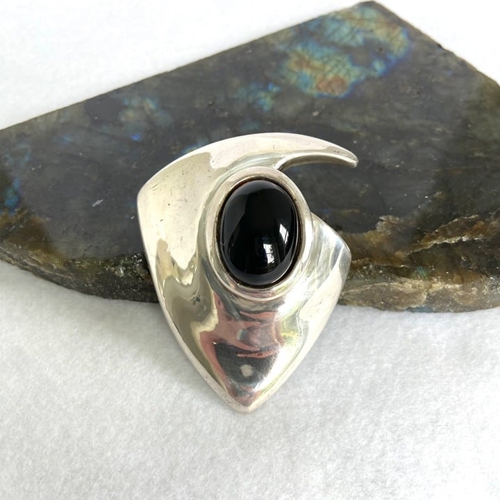 VTG Sterling Silver 925 Israel Signed Simon Sebbag Modernist Black Onyx Brooch