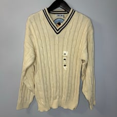 Cherokee Vintage Tennis V-Neck Cable Knit Sweater Cream Cotton Men's M New