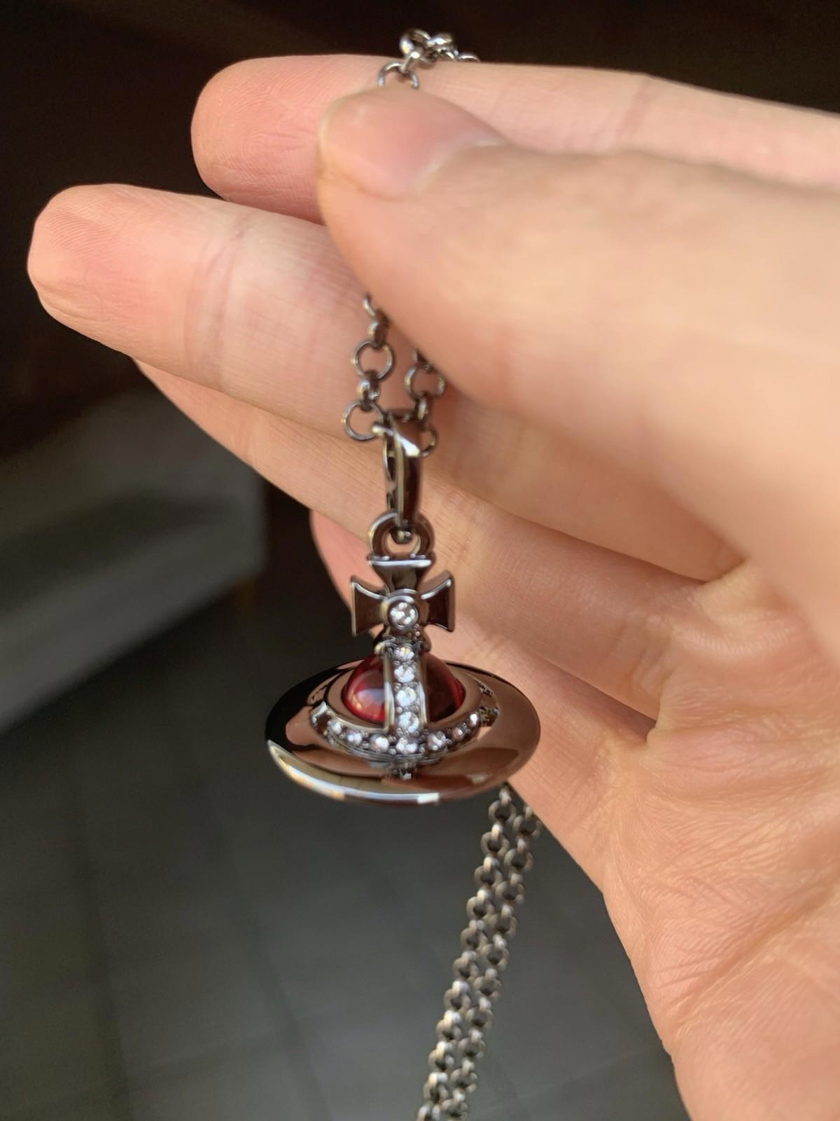 Vivienne Westwood Nana 3D Necklace Small Orb Gunmetal Red Pendant Straw String