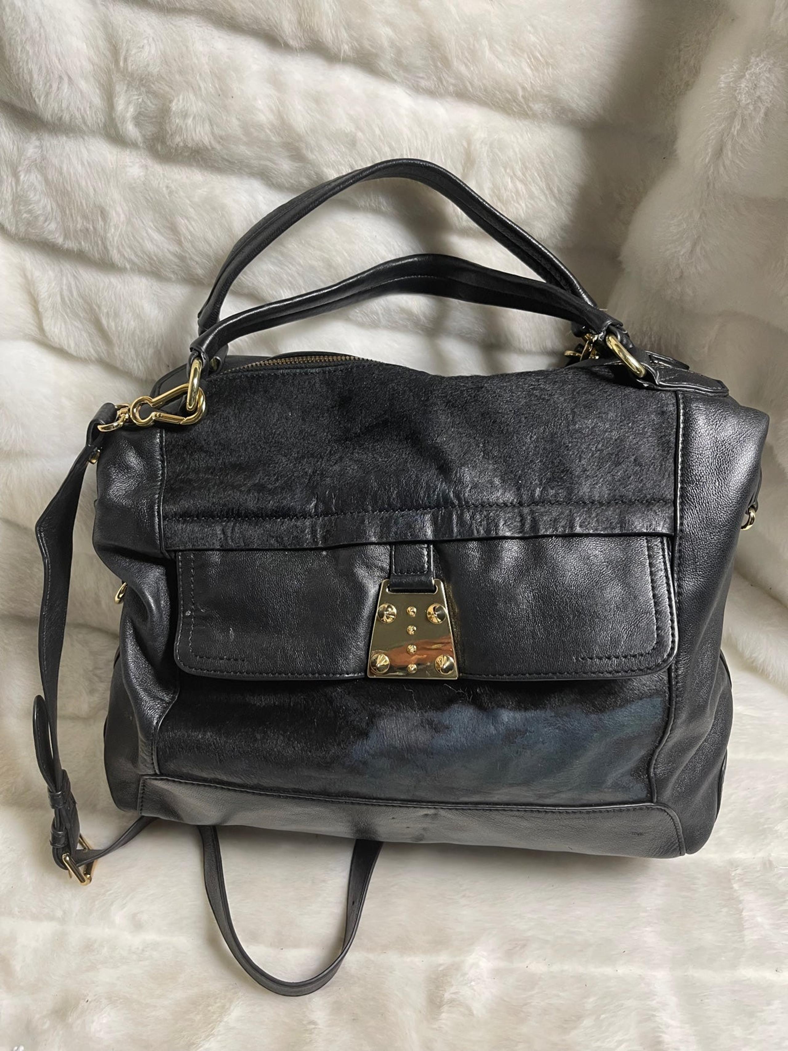 Vince Camuto black soft leather &calf hair Satchel/crossbody bag gold tone studs