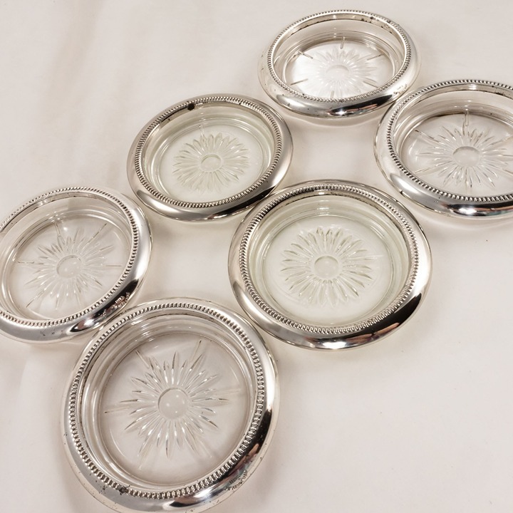 Vintage Polished Silver-Plated Glass Coasters - Set of 6, Italian Style Elegance