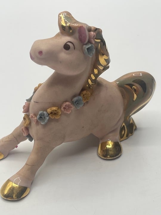 Vintage Walker Hanger Renaker Pink Bisque & Gold Pony Horse Ceramic Figurine