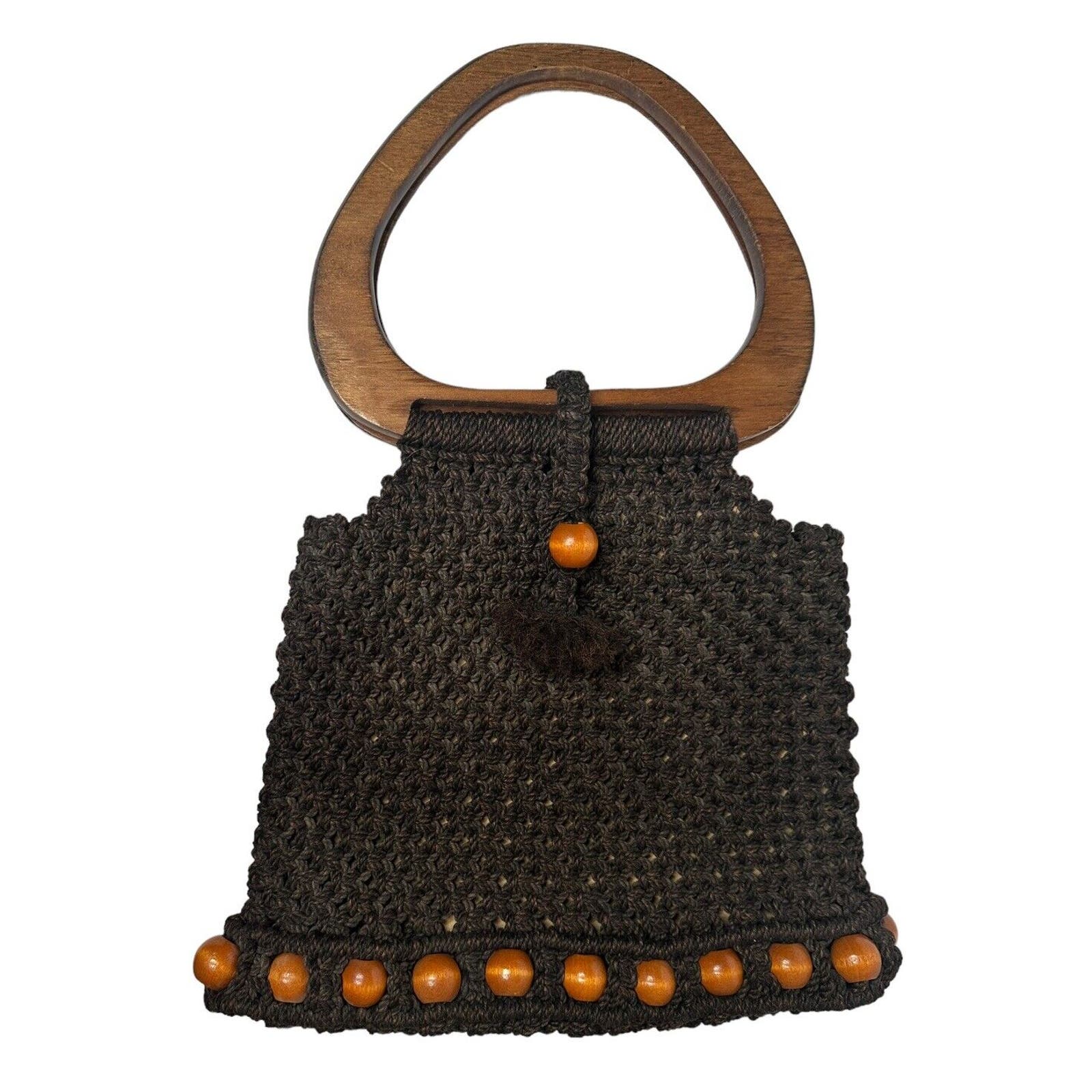 Vtg Boho Macrame Crochet Beaded Wooden Ring Handle Handbag Purse Brown 70s