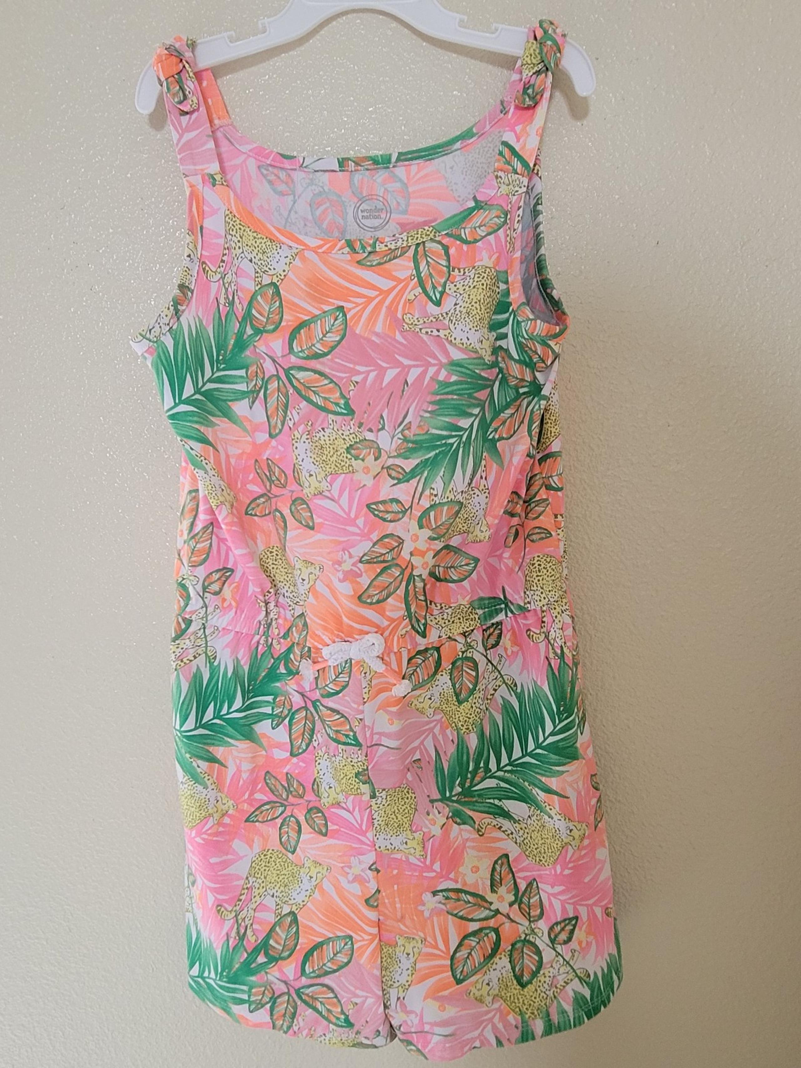 Wonder Nation Girls Tropical Romper Medium 7-8 Colorful Leaves.
