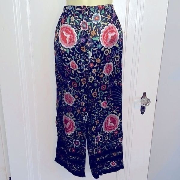 Mica multi colored embroidered look floral/birds polyester or silk black pants