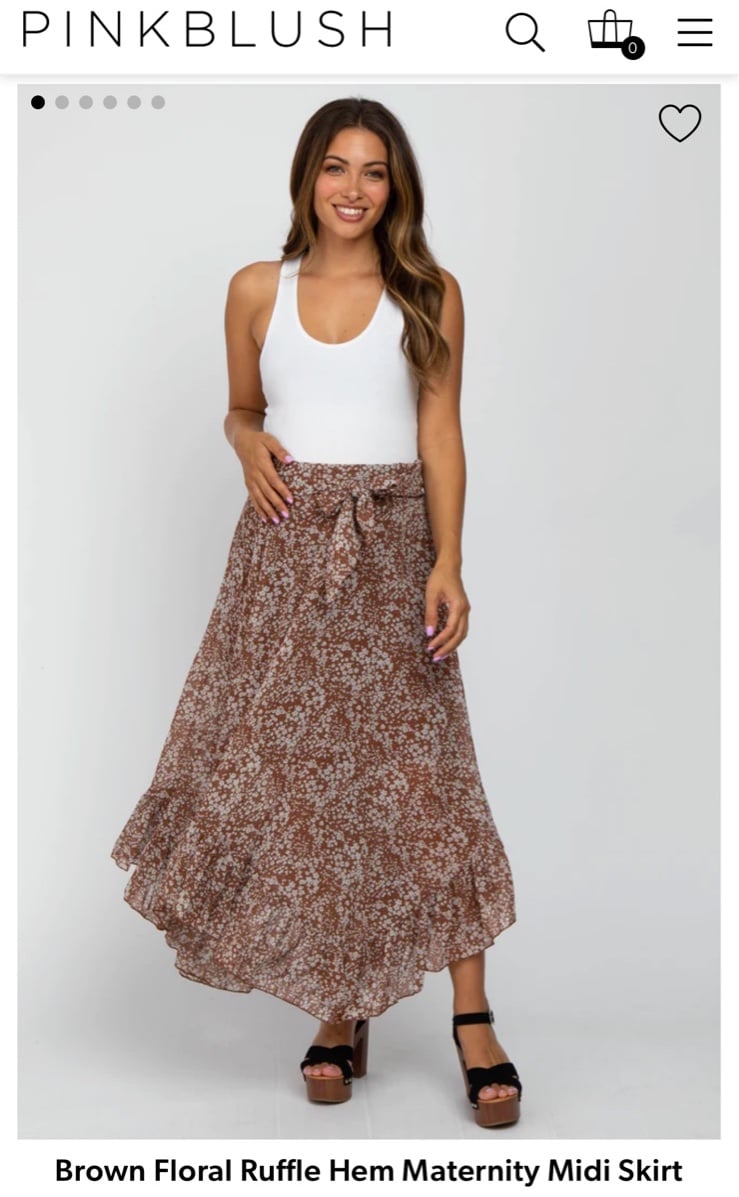 Brown Floral Ruffle Hem Maternity Midi Skirt