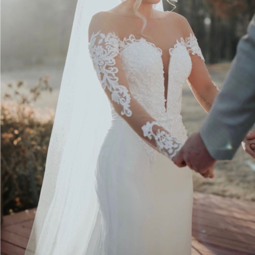 Galina Signature Long Sleeve Ivory Sheer Beaded Wedding Dress Davids Bridal 4