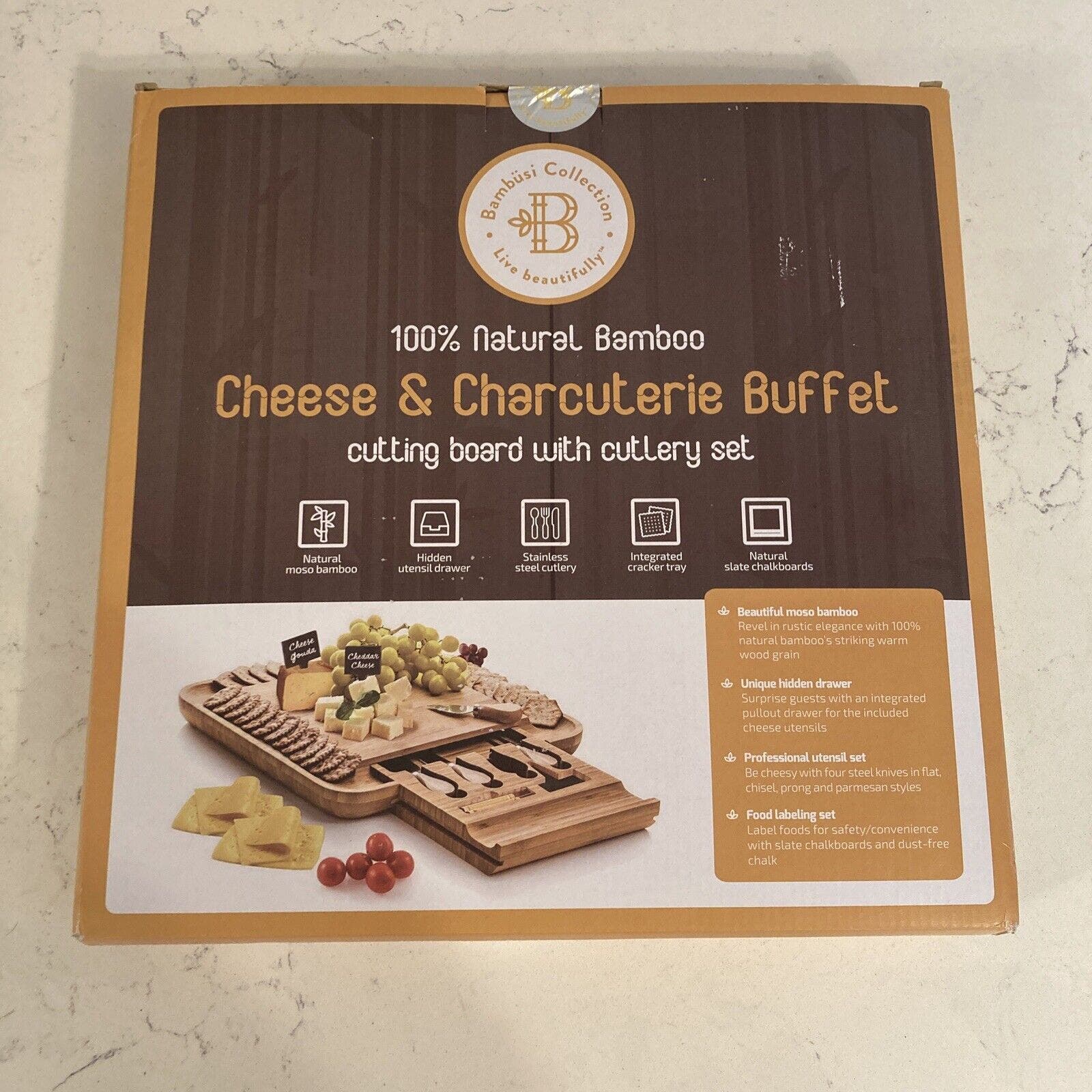 Bambusi Bamboo Cheese Board & Cutlery Set w/ Slide Out Drawer 4 Stainless Knife